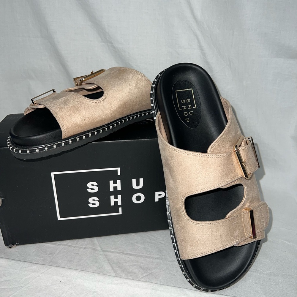 Shushop Charlotte wide double strap buckle sandals in sand , size 10